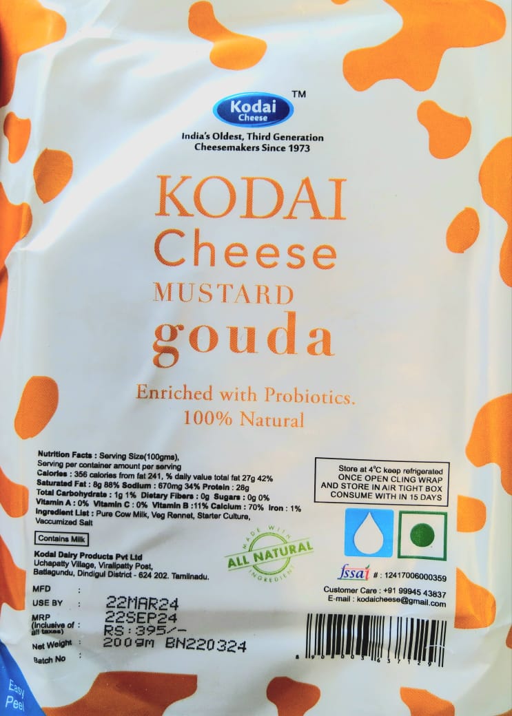 Gouda Cheese | Mustard – Pasteurized - Kodai – 200gm