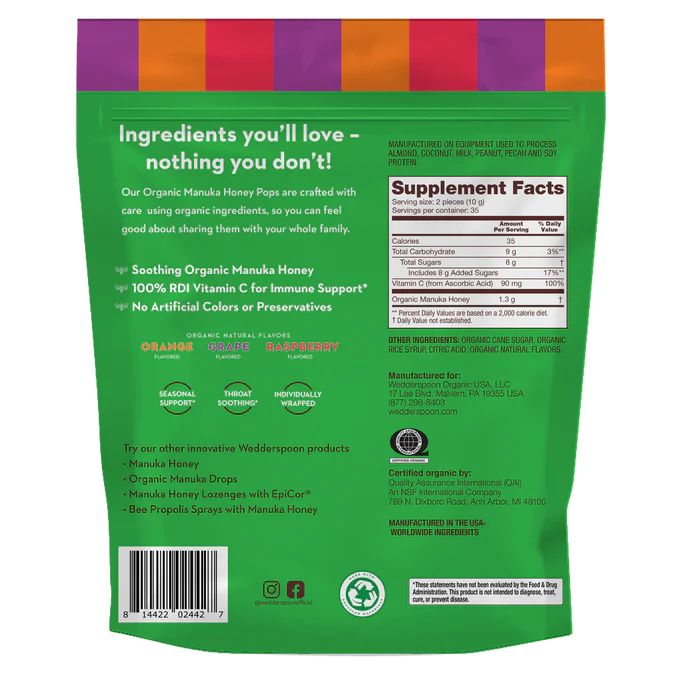 Manuka Honey Pops. - Throat Soothing - With RDI Vitamin C - USDA Organic - Wedderspoon (118gm)