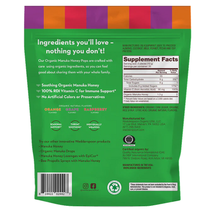 Manuka Honey Pops. - Throat Soothing - With RDI Vitamin C - USDA Organic - Wedderspoon (118gm)