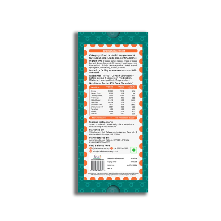 Dark Chocolate | 45% Dark – FOR HIM – 8 Herbs Powder – Bean To Bar – Vegan, Gluten Free, No Emulsifiers, No Artificial Fillers, No Additives &amp; No Added Preservatives – The Balance Story – 60gm