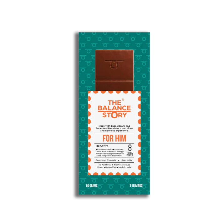 Dark Chocolate | 45% Dark – FOR HIM – 8 Herbs Powder – Bean To Bar – Vegan, Gluten Free, No Emulsifiers, No Artificial Fillers, No Additives &amp; No Added Preservatives – The Balance Story – 60gm
