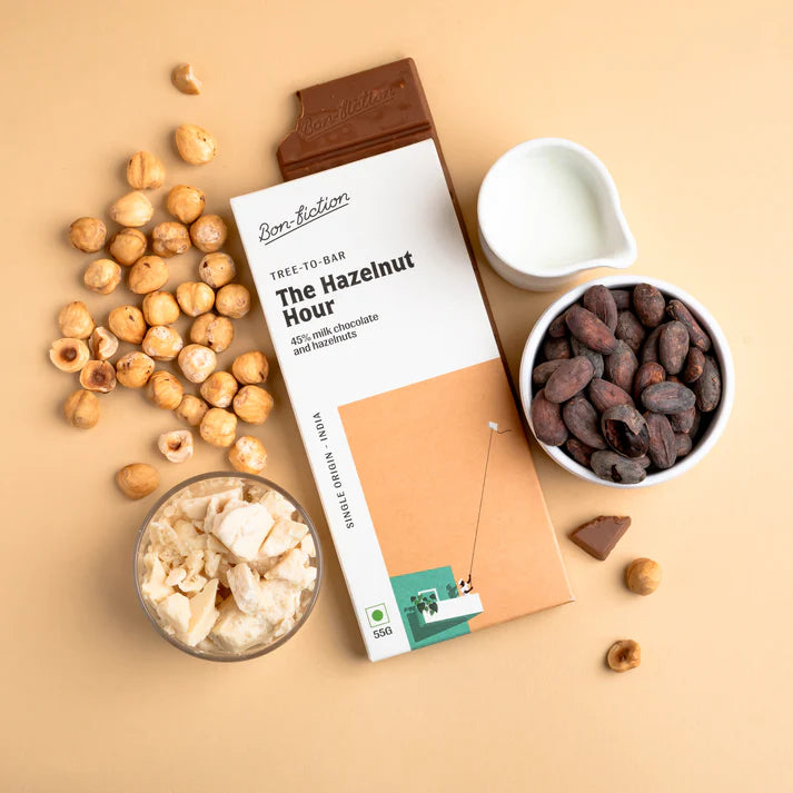 Dark Chocolate | 45% Milk Hazelnut Chocolate – The Hazelnut Hour – Tree To Bar – Single Origin – 100% Natural – Vegan, Gluten Free, Palm Oil Free, Non GMO, No Artificial Flavour &amp; No Added Preservatives – Bon-Fiction – 55gm