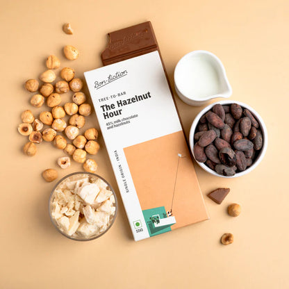 Dark Chocolate | 45% Milk Hazelnut Chocolate – The Hazelnut Hour – Tree To Bar – Single Origin – 100% Natural – Vegan, Gluten Free, Palm Oil Free, Non GMO, No Artificial Flavour &amp; No Added Preservatives – Bon-Fiction – 55gm