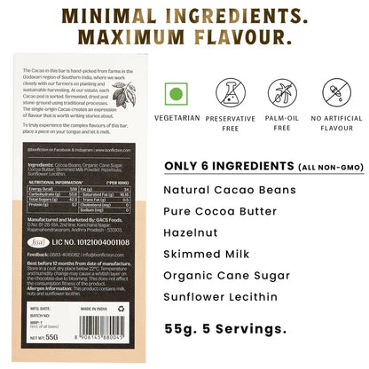 Dark Chocolate | 45% Milk Hazelnut Chocolate – The Hazelnut Hour – Tree To Bar – Single Origin – 100% Natural – Vegan, Gluten Free, Palm Oil Free, Non GMO, No Artificial Flavour &amp; No Added Preservatives – Bon-Fiction – 55gm