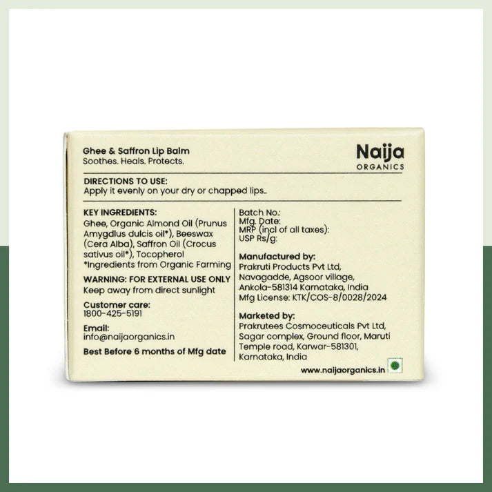 Lip Balm | Ghee &amp; Saffron -70% Ghee Rich- No Preservative , Cruelty free, Petro Chemical Free – Naija Organics– 10gm