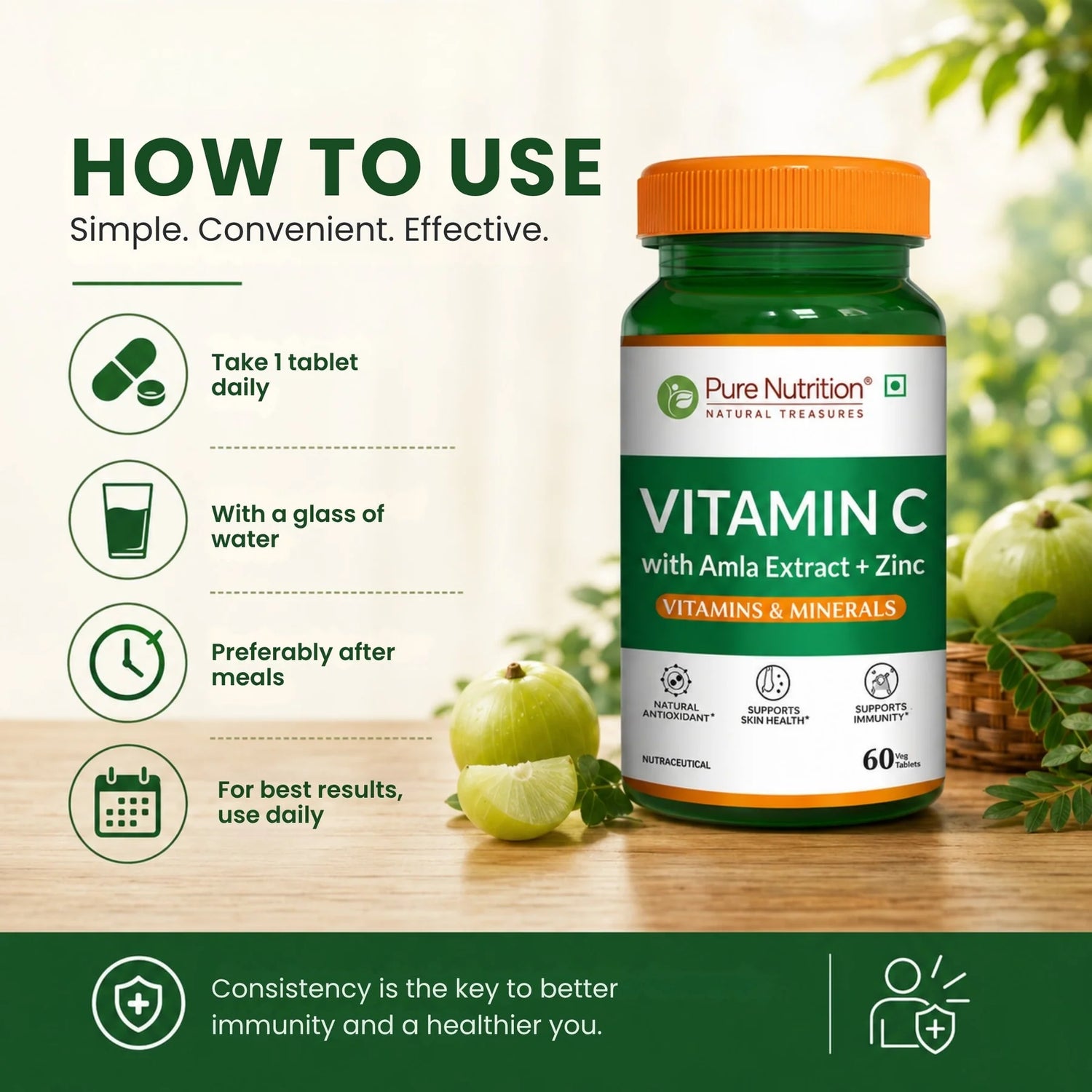 Supplement | Vitamin C  With Amla Extract +Zinc (Vitamin &amp; Mineral) -Boost Immunity , Support In Skin &amp; bone Health – Pure Nutrition – 60 Capsules