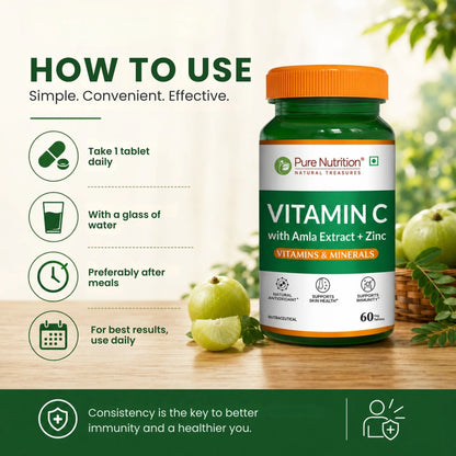 Supplement | Vitamin C  With Amla Extract +Zinc (Vitamin &amp; Mineral) -Boost Immunity , Support In Skin &amp; bone Health – Pure Nutrition – 60 Capsules