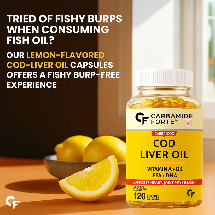 COD Liver Oil (Vitamin A +D3) EPA+DHA -Lemon Flavour -Strengthen Liver Health &amp; Immune System Naturally- Carbamide Forte-120 Tablets