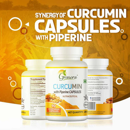 Curcumin With Piperine  Capsules | Nutraceutical - Vegan, Gluten Free, Non Gmo, Preservatives Free &amp;amp; No Additives - Grenera – 90 Capsules