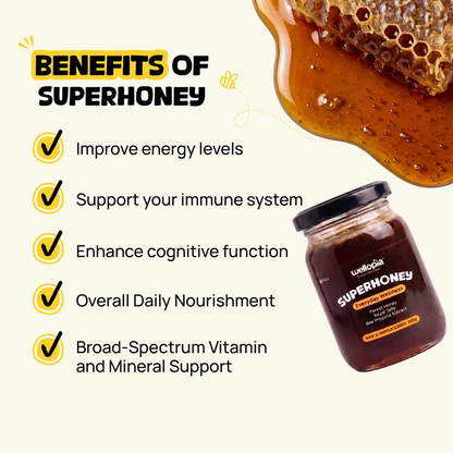 Honey | Super Honey - Raw Forest Honey with Royal Jelly &amp; Bee Propolis- No added sugar, No Added Preservatives -Wellopia- 250gm