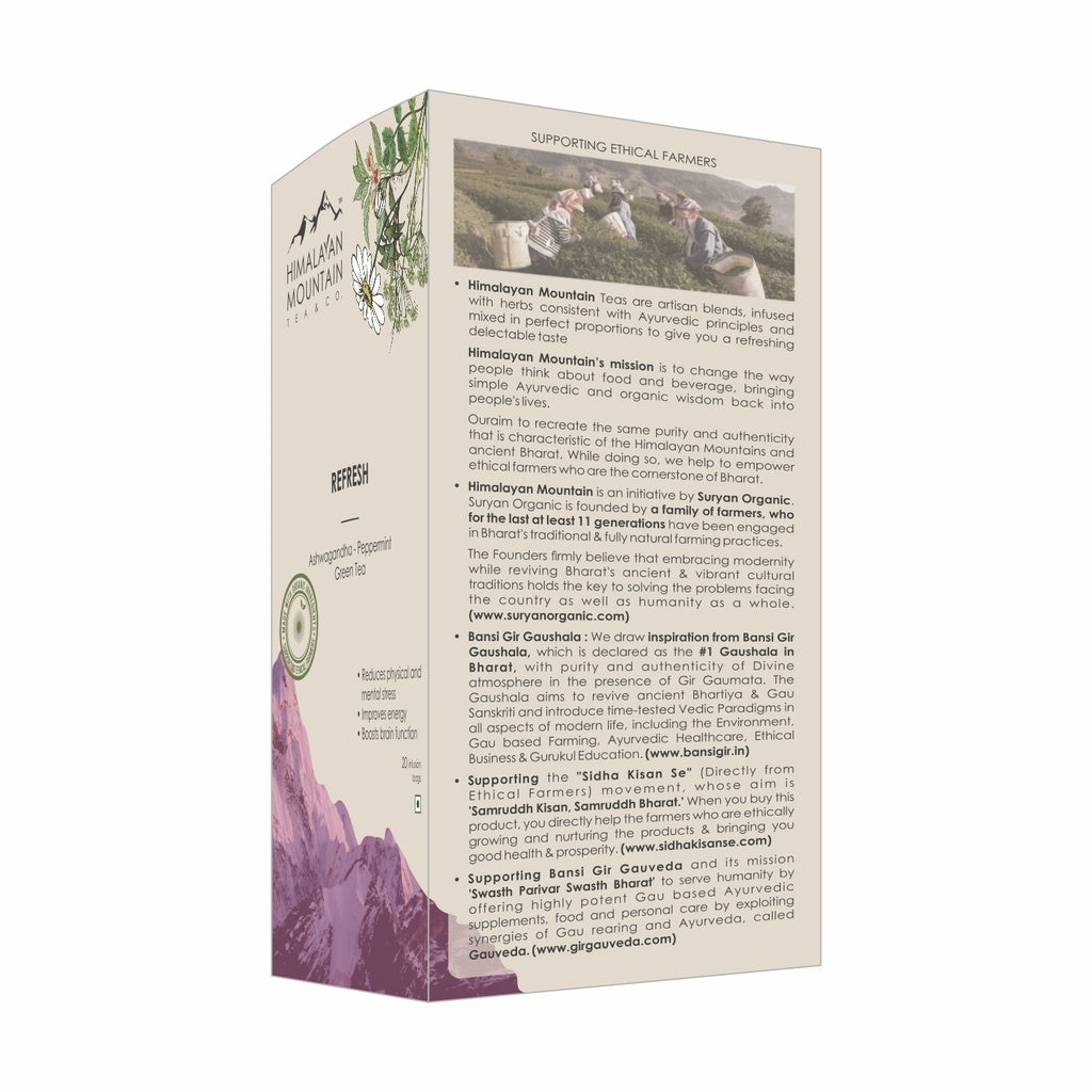 Tea | Refresh Tea (Green Tea) - Made With Ethical &amp; Natural Herbs - Ashwagandha - Peppermint - Himalayan Mountain – 1.60g x 20 Infusion Bag