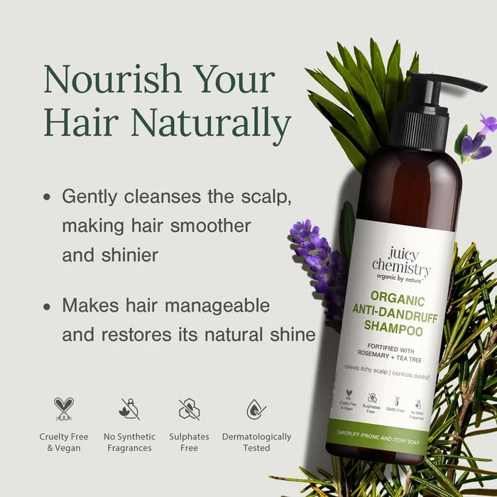 Shampoo | Anti- Dandruff (Rosemary &amp;amp; Tea Tree) - Handproduct - Relieves Itchy Scalp &amp;amp; Reduces Dandruff - Natural - Indian - Vegan, Cruelty Free, Gmo Free, No Synthetic Fragrances &amp;amp; Zero Dyes - Juicy Chemistry - 200ml