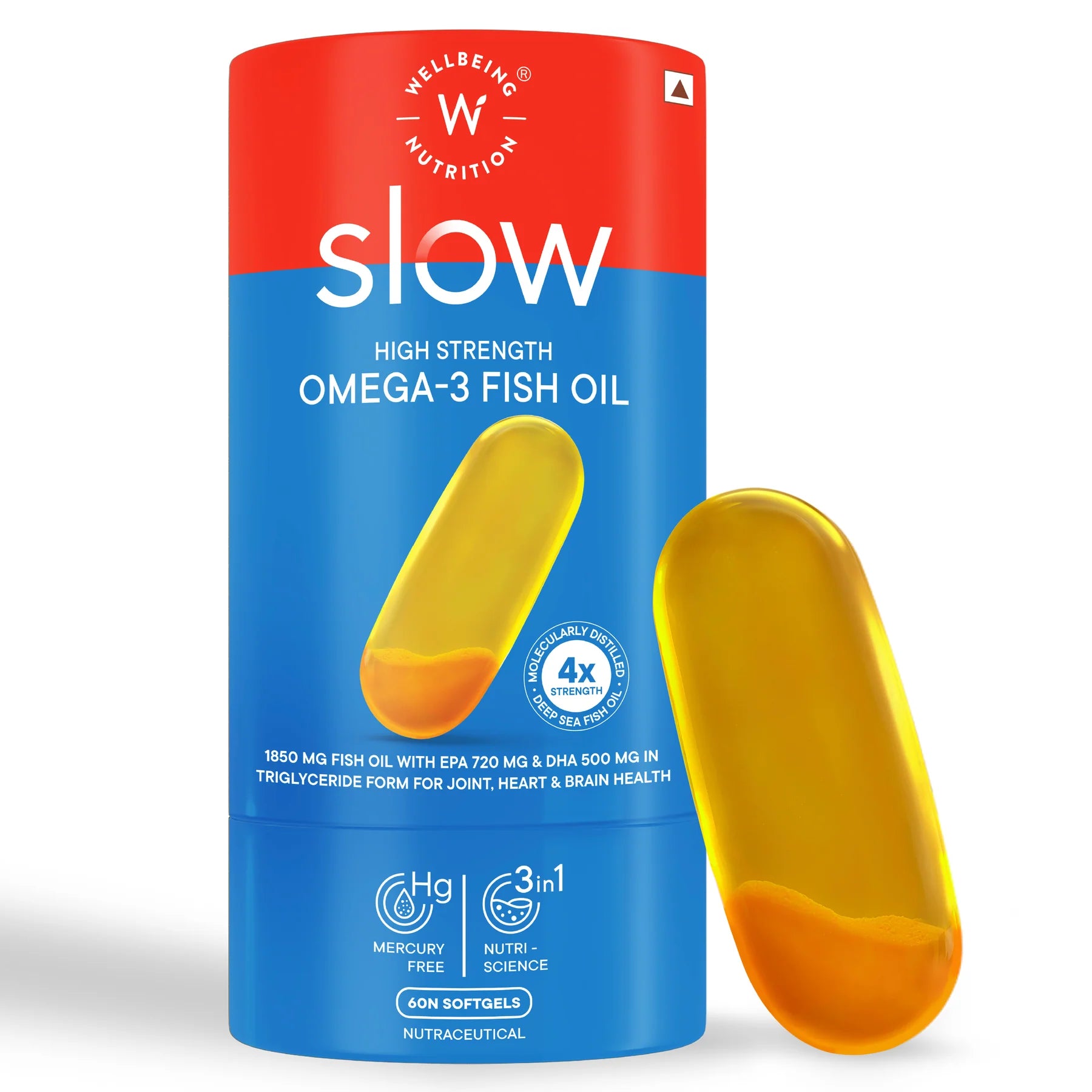 Fish Oil | 4x Strength Omega 3 Fish Oil - High Strength - For Joint, Heart &amp; Brain Health - Mercury Free - Wellbeing Nutrition - 60 Soft Gel