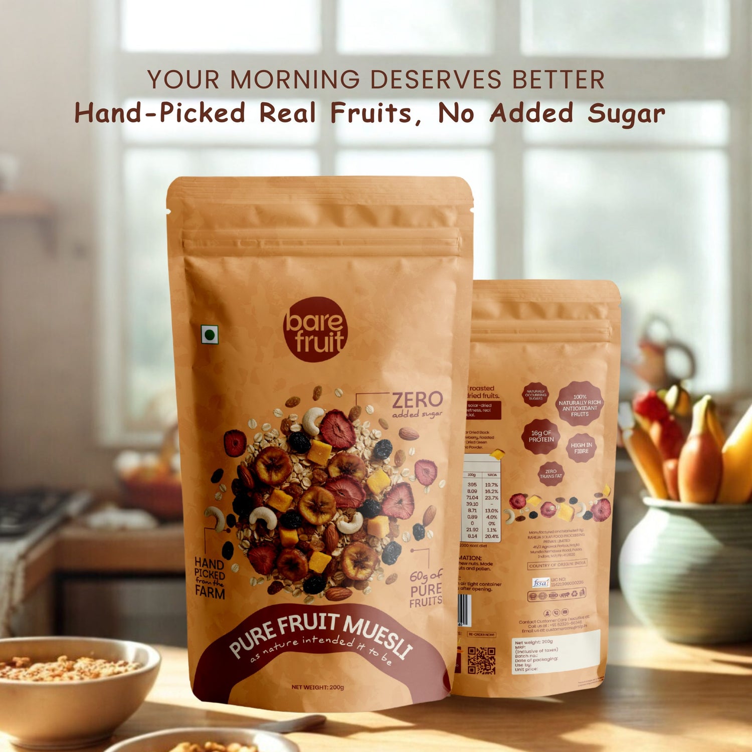 Pure Fruit Muesli | Hand-Picked Farm Ripened Fruits -Gluten Free - 1 00% Real Fruits - No Added Sugar, &amp;amp; No Added Preservatives - Bare Fruit - 200gm