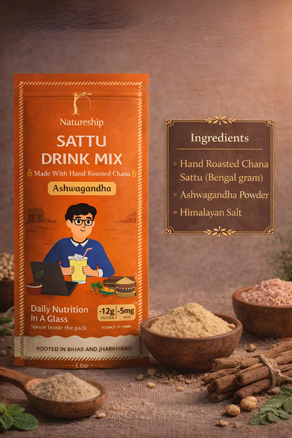Ashwagandha Sattu Drink Mix -Gluten Free, Vegan &amp; Gut Friendly-100% Natural- Hand Roasted &amp; Stone Ground Chana Sattu – Gluten Free, High In Protein And Fiber Or Preservatives  Free - Natureship - 54gm