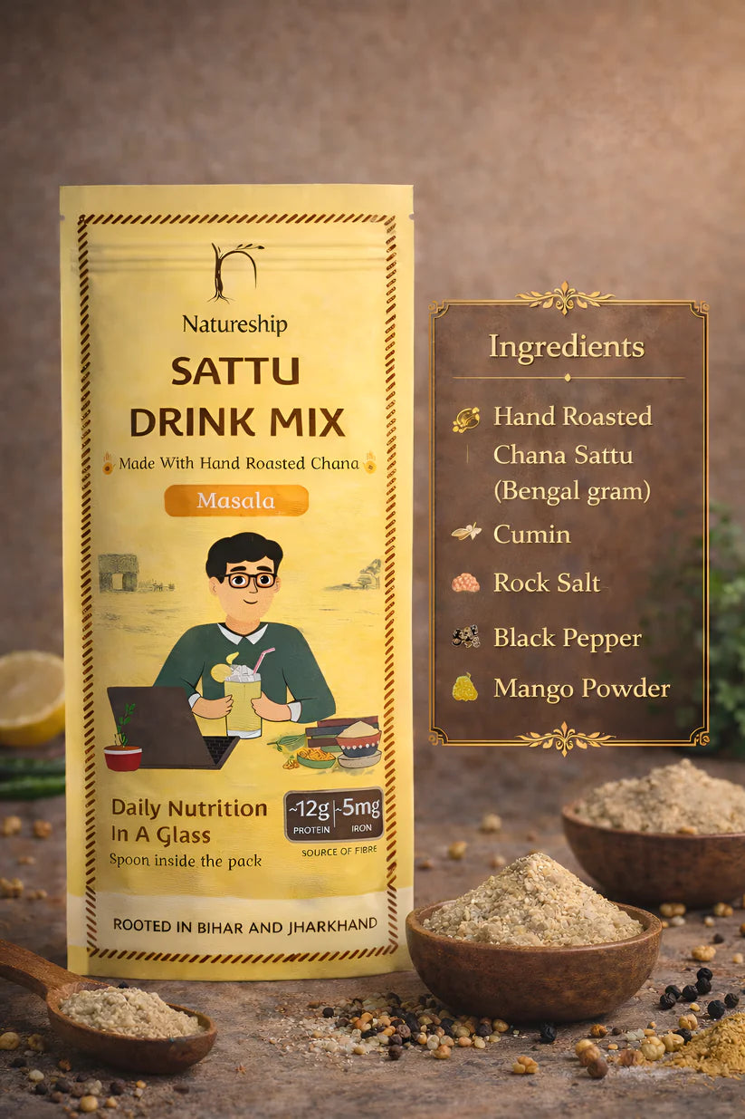 Sattu Drink Mix | Masala Sattu Drink Mix -Gluten Free, Vegan &amp; Gut Friendly-100% Natural- Hand Roasted &amp; Stone Ground Chana Sattu – Gluten Free, High In Protein And Fiber Or Preservatives  Free - Natureship - 54gm