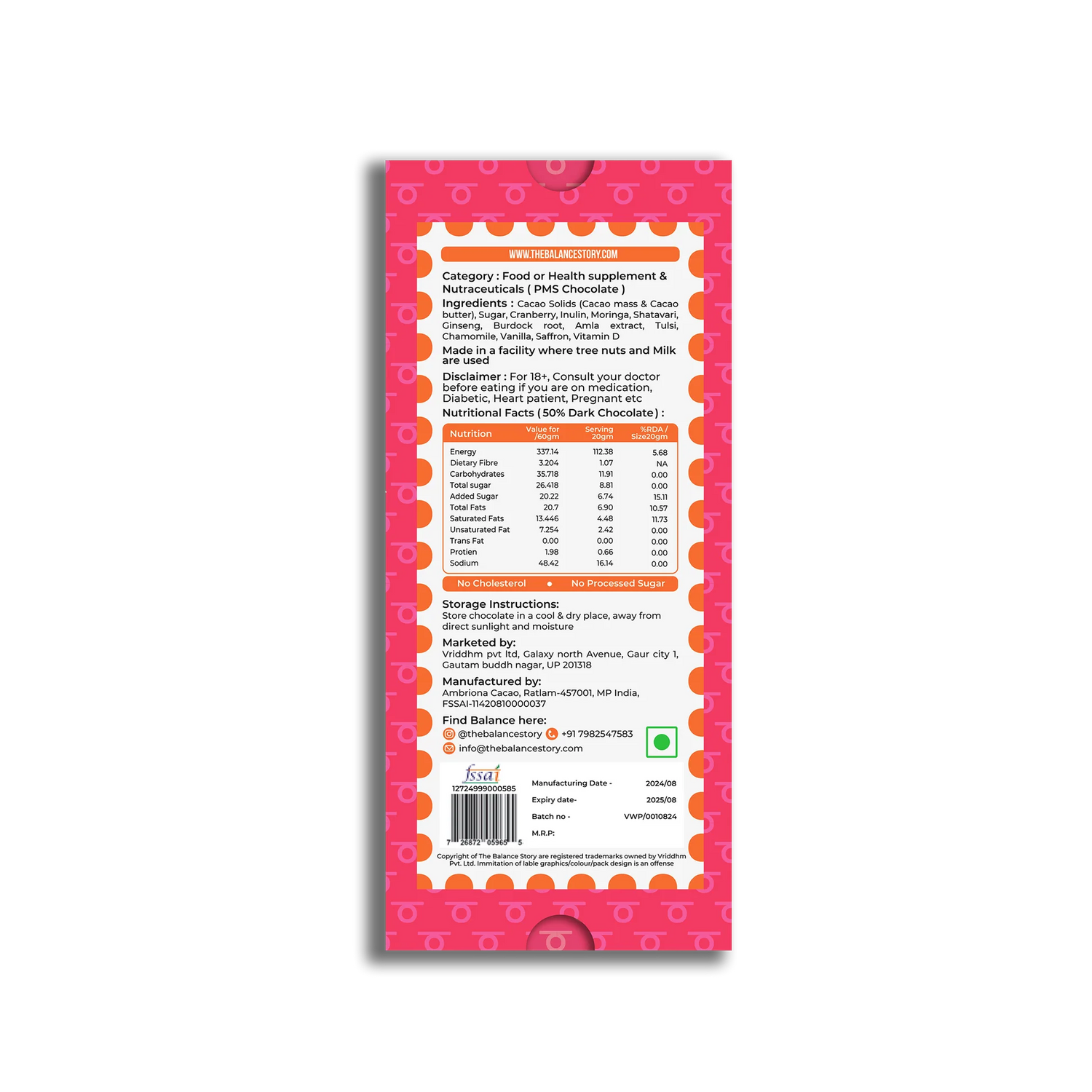 Dark Chocolate | 50% Dark – FOR HER – 8 Herbs Powder – Bean To Bar – Vegan, Gluten Free, No Emulsifiers, No Artificial Fillers, No Additives &amp; No Added Preservatives – The Balance Story – 60gm