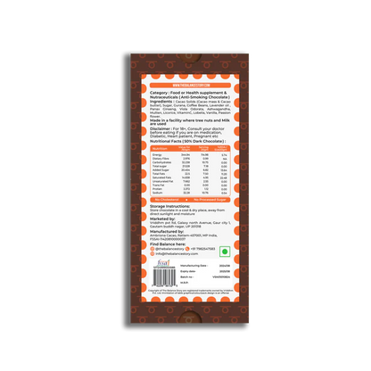 Dark Chocolate | 50% Dark – NO SMOKE – 8 Herbs Powder – Bean To Bar – Vegan, Gluten Free, No Emulsifiers, No Artificial Fillers, No Additives &amp; No Added Preservatives – The Balance Story – 60gm