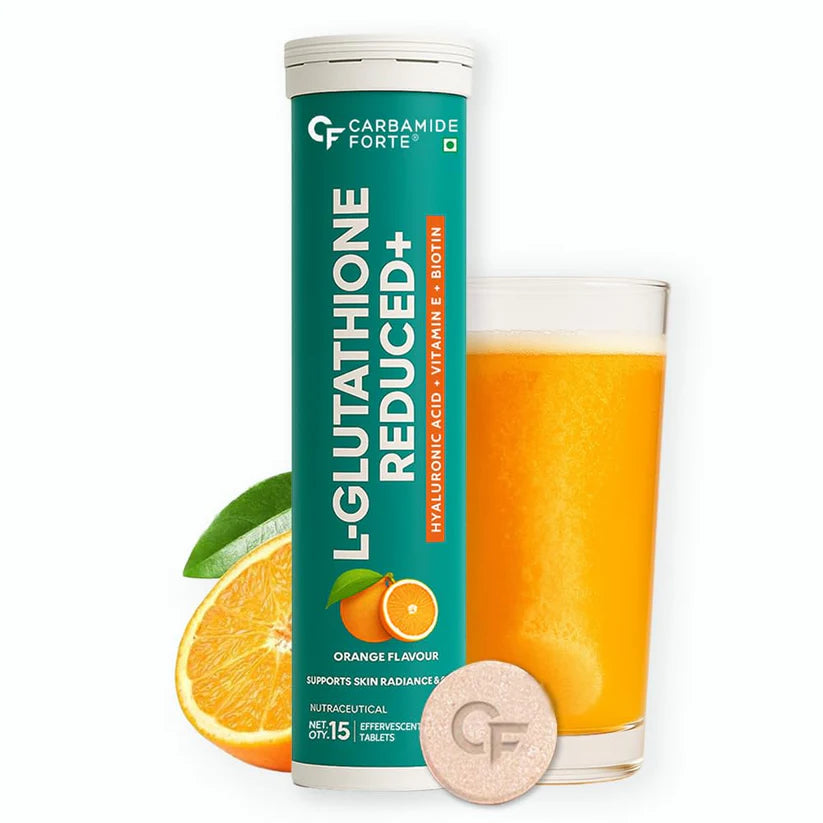 L-Glutathione Reduced Orange Flavour Hyaluronic Acid-Vitamin E- Biotin Supports Skin Radiance & Glow Carbamide Forte-15 Tablets
