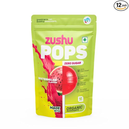 Lollipops | Watermelon Flavour (Zero Sugar) -Vegan- Made With Organic Ingredients - 100% Plant Based , Chemical Free, No Refined Sugar- Zushu - 12Pops - 120gm