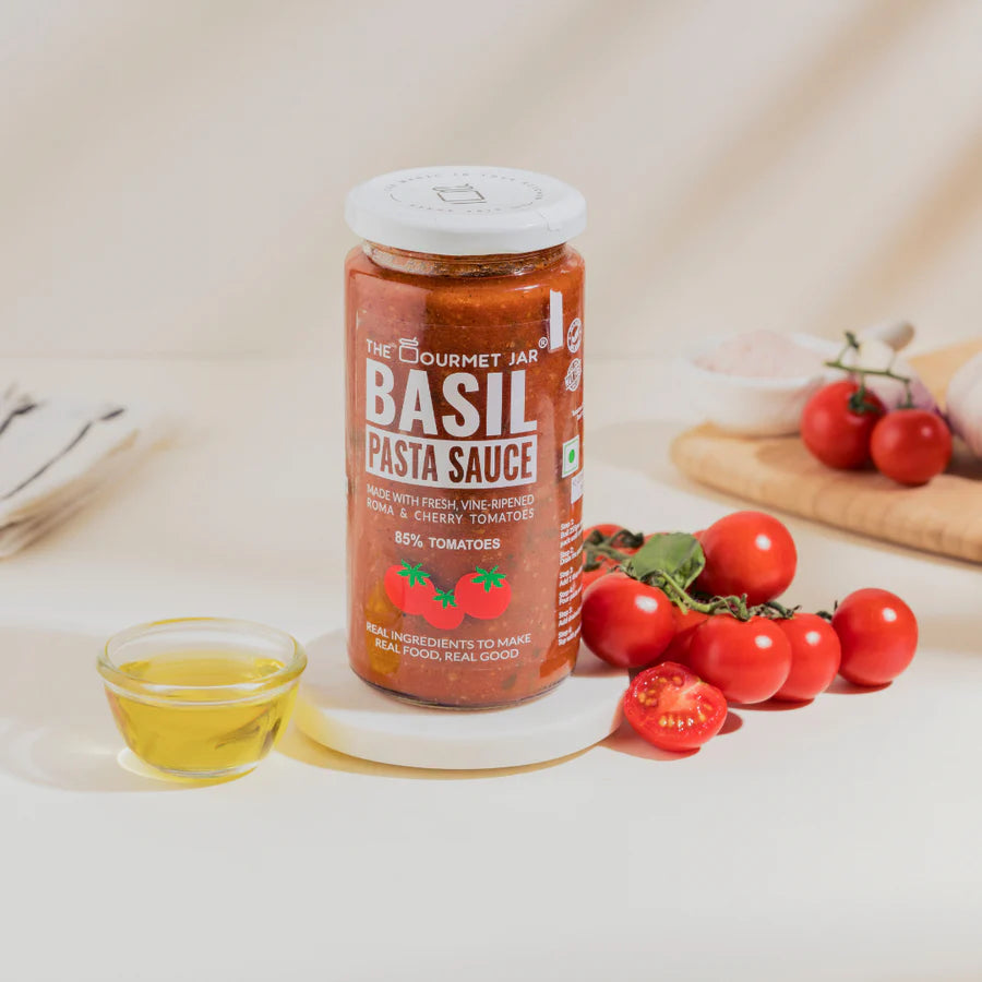 Basil Pasta Sauce – Vegan, Gluten Free, Refined Sugar Free, Nut Free &amp;amp; Zero Trans Fat - The Gourmet Jar – 390gm