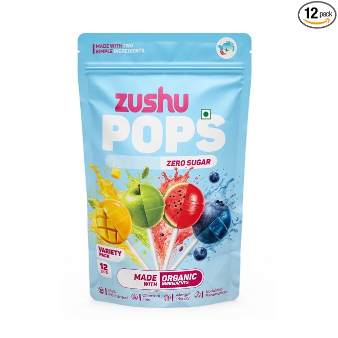 Lollipops | Organic Variety Pops (Zero Sugar)- Watermelon , Green apple , Mixed berries , Mango -Vegan- Made With Organic Ingredients - 100% Plant Based , Chemical Free, No Refined Sugar- Zushu - 12Pops - 120gm