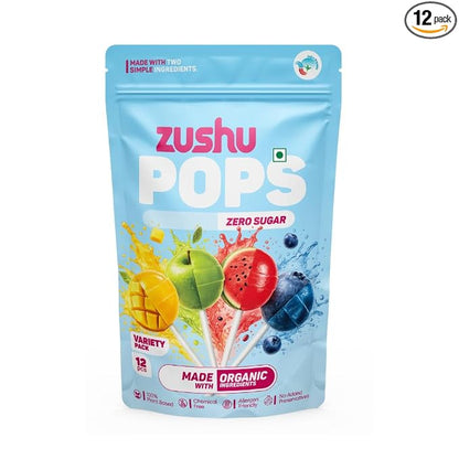 Lollipops | Organic Variety Pops (Zero Sugar)- Watermelon , Green apple , Mixed berries , Mango -Vegan- Made With Organic Ingredients - 100% Plant Based , Chemical Free, No Refined Sugar- Zushu - 12Pops - 120gm