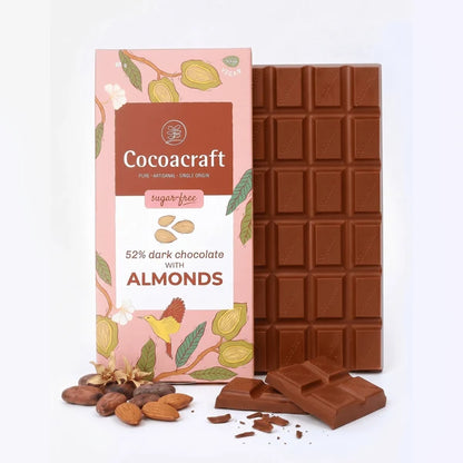 Chocolate | 52% Dark Chocolate with Roasted Almonds- Made in Kerala from Single - Origin Cocoa - Sugar Free – Vegan -No Vegetable Oil, No Artificial Flavours- Cocoacraft – 80gm