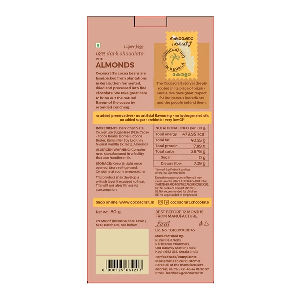Chocolate | 52% Dark Chocolate with Roasted Almonds- Made in Kerala from Single - Origin Cocoa - Sugar Free – Vegan -No Vegetable Oil, No Artificial Flavours- Cocoacraft – 80gm