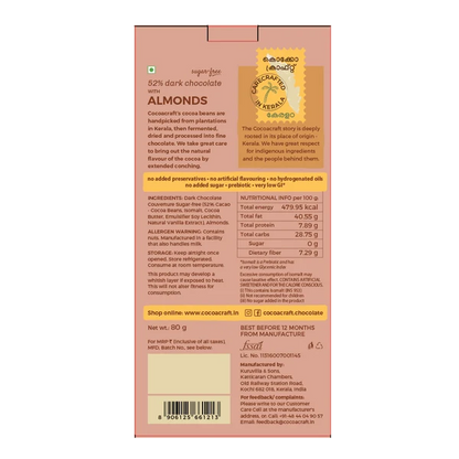 Chocolate | 52% Dark Chocolate with Roasted Almonds- Made in Kerala from Single - Origin Cocoa - Sugar Free – Vegan -No Vegetable Oil, No Artificial Flavours- Cocoacraft – 80gm