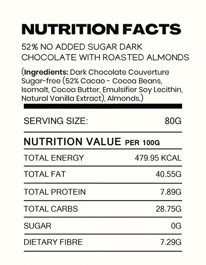 Chocolate | 52% Dark Chocolate with Roasted Almonds- Made in Kerala from Single - Origin Cocoa - Sugar Free – Vegan -No Vegetable Oil, No Artificial Flavours- Cocoacraft – 80gm