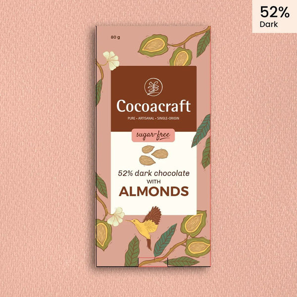 Chocolate | 52% Dark Chocolate with Roasted Almonds- Made in Kerala from Single - Origin Cocoa - Sugar Free – Vegan -No Vegetable Oil, No Artificial Flavours- Cocoacraft – 80gm