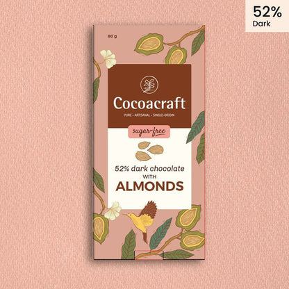 Chocolate | 52% Dark Chocolate with Roasted Almonds- Made in Kerala from Single - Origin Cocoa - Sugar Free – Vegan -No Vegetable Oil, No Artificial Flavours- Cocoacraft – 80gm