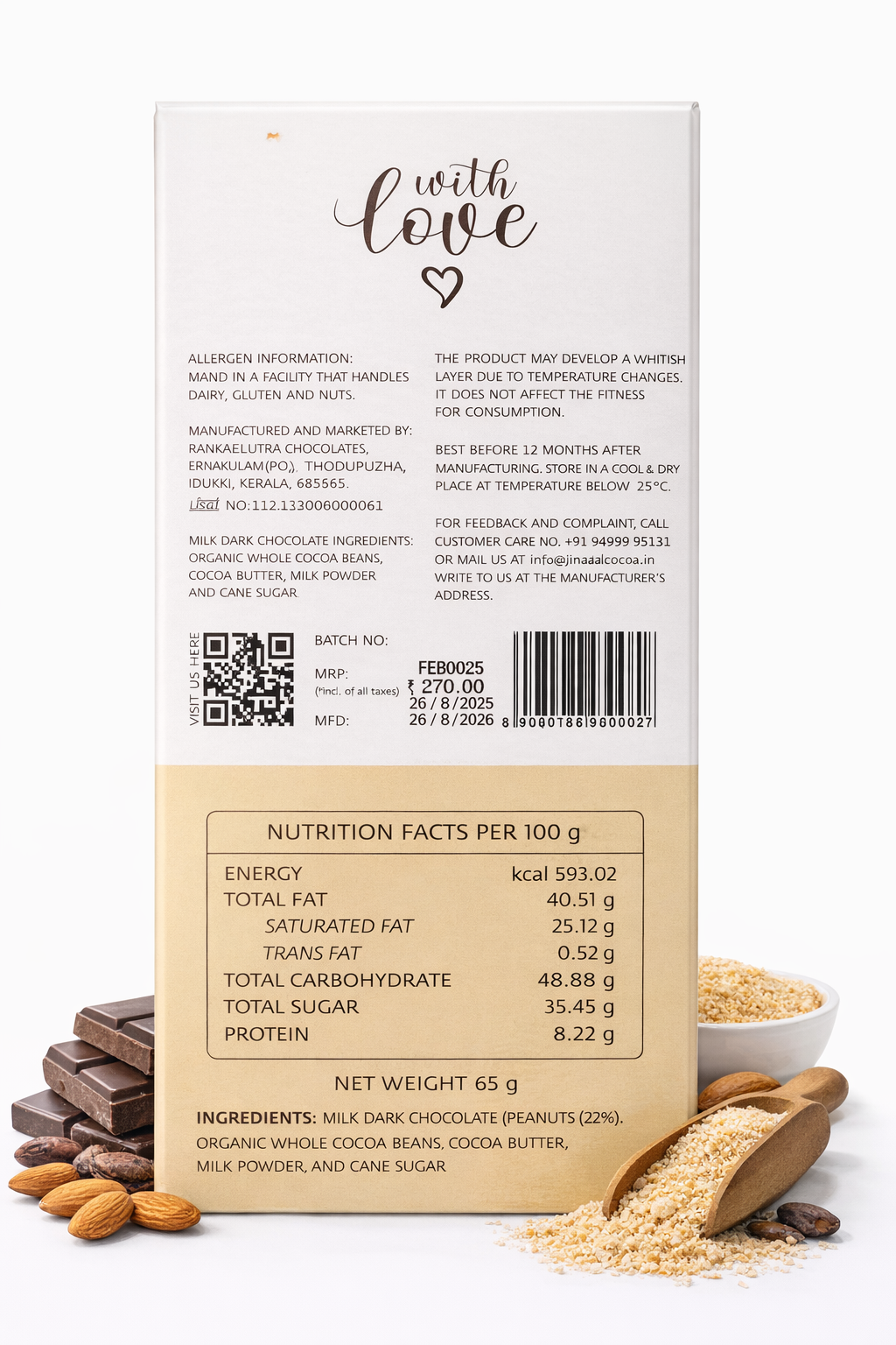 Milk Chocolate | 53% Dark Milk Chocolate -Handcrafted Artisan Chocolate - Bean To Bar - Vegan  -Rakkaudella- 65gm