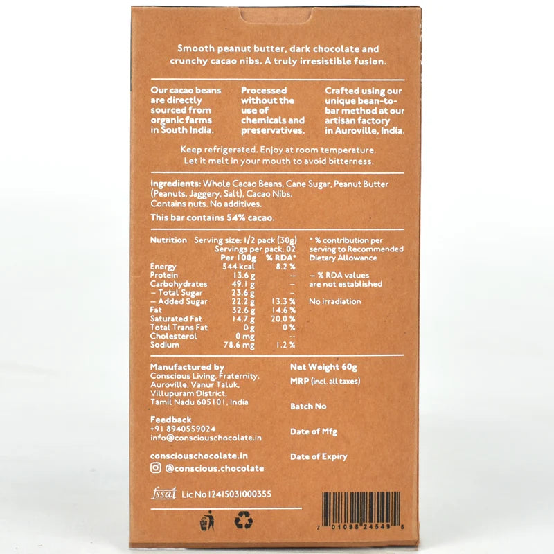 Chocolate  | 54% Crunchy Peanut Butter Dark Chocolate - Vegan &amp;amp; Gluten Free - Conscious Living - 60gm