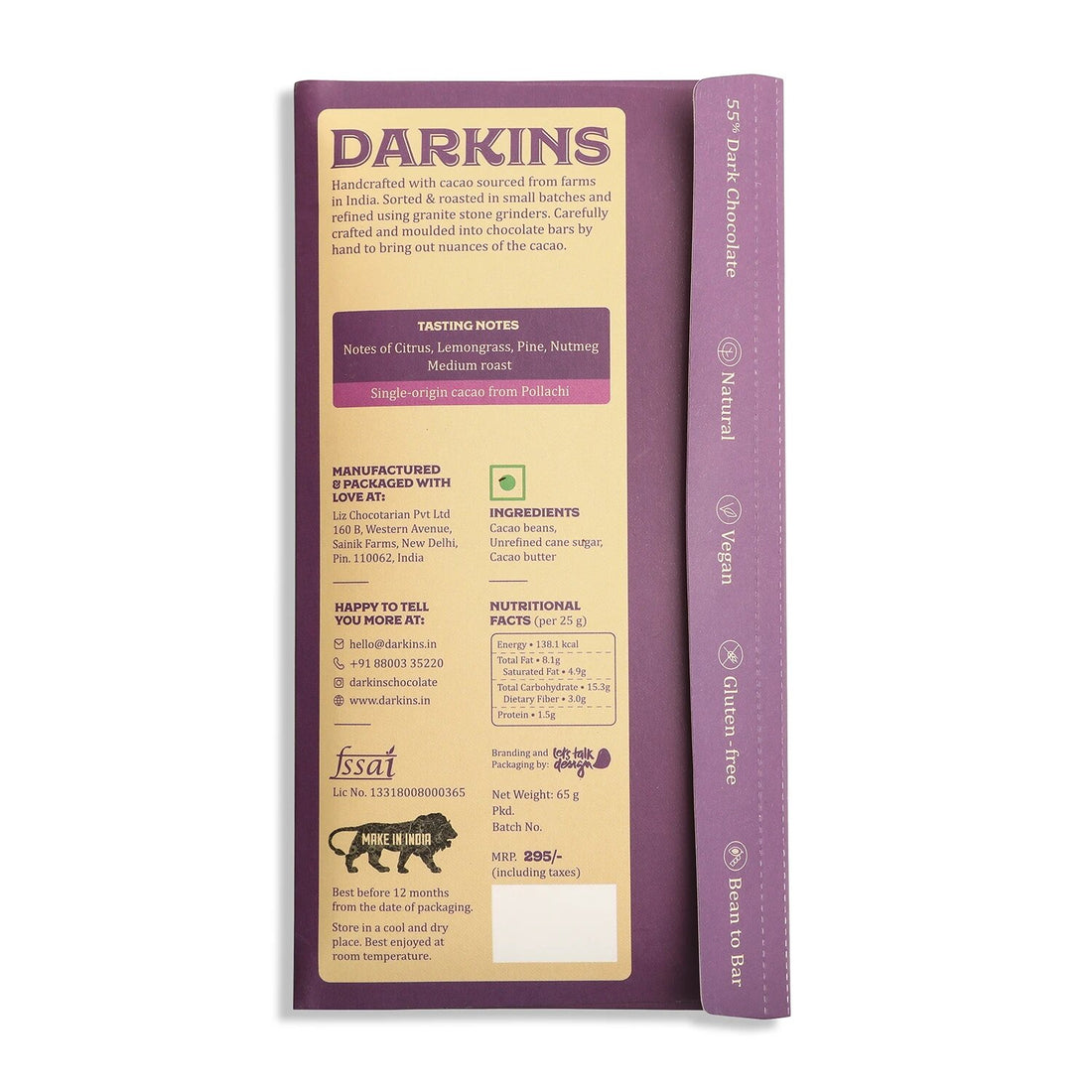 55% Dark Chocolate - Single Origin Cacao from Tamil Nadu – Vegan &amp;amp; Gluten Free - Darkins – 65gm