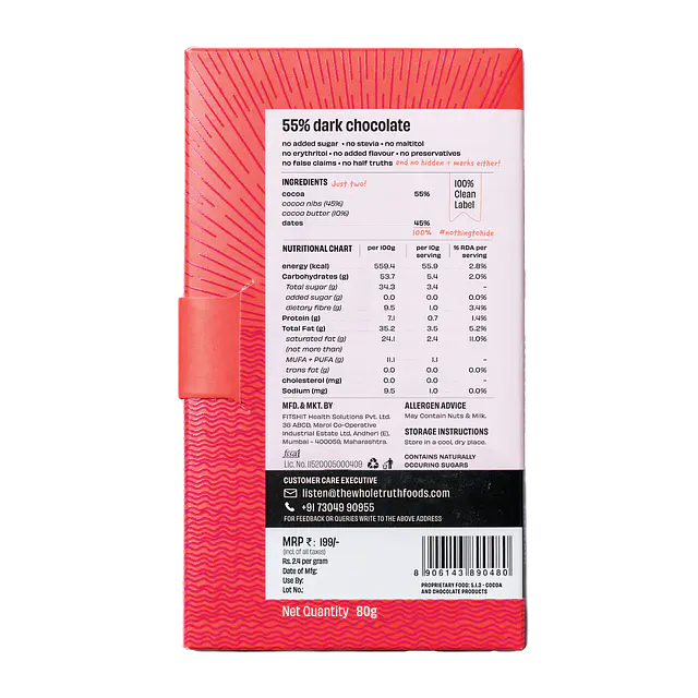 Dark Chocolate | 55% Dark Chocolate – 55% Cocoa, 45% Dates - Natural - No Added Sugar, No Stevia, Maltitol &amp;amp; No Erythritol - The Whole Truth – 80gm