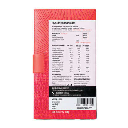 Dark Chocolate | 55% Dark Chocolate – 55% Cocoa, 45% Dates - Natural - No Added Sugar, No Stevia, Maltitol &amp;amp; No Erythritol - The Whole Truth – 80gm