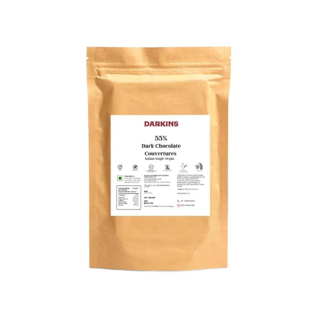Dark Chocolate | 55% Dark Chocolate Couverture - Suitable For Baking - Vegan, Gluten Free, No Artificial Flavour, Colour, Or Preservatives Free - Darkins - 200gm