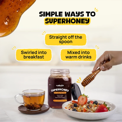 Honey | Super Honey - Raw Forest Honey with Royal Jelly &amp; Bee Propolis- No added sugar, No Added Preservatives -Wellopia- 250gm