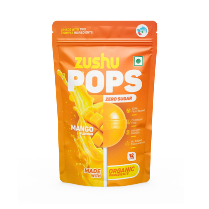Lollipops | Mango Flavour (Zero Sugar) -Vegan- Made With Organic Ingredients - 100% Plant Based , Chemical Free, No Refined Sugar- Zushu - 12Pops - 120gm