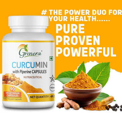 Curcumin With Piperine  Capsules | Nutraceutical - Vegan, Gluten Free, Non Gmo, Preservatives Free &amp;amp; No Additives - Grenera – 90 Capsules