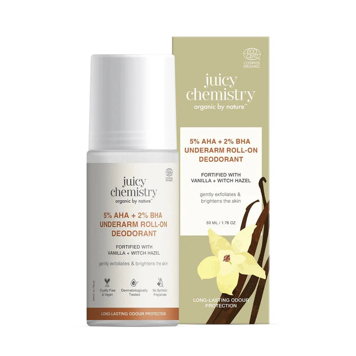 Underarm Roll | 5% AHA + 2% BHA Underarm Roll-On Deodorant -Brighten Underarm Skin, Reduce Irritation - Cruelty Free &amp; Vegan, No Synthetic Fragrance Oils &amp; No Colours Added - Juicy Chemistry - 50ml