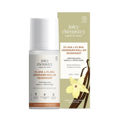 Underarm Roll | 5% AHA + 2% BHA Underarm Roll-On Deodorant -Brighten Underarm Skin, Reduce Irritation - Cruelty Free &amp; Vegan, No Synthetic Fragrance Oils &amp; No Colours Added - Juicy Chemistry - 50ml