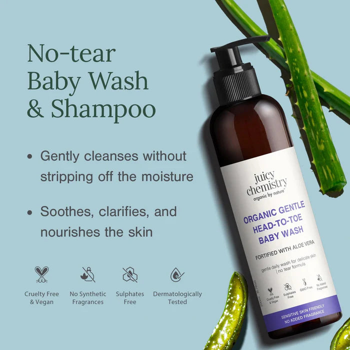 Organic Gentle Head to Toe Baby Wash Fortified with Aloe Vera- Sulphates Free, GMO Free - Juicy Chemistry - 200ml