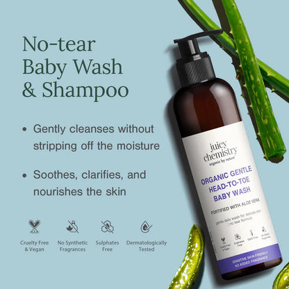 Organic Gentle Head to Toe Baby Wash Fortified with Aloe Vera- Sulphates Free, GMO Free - Juicy Chemistry - 200ml