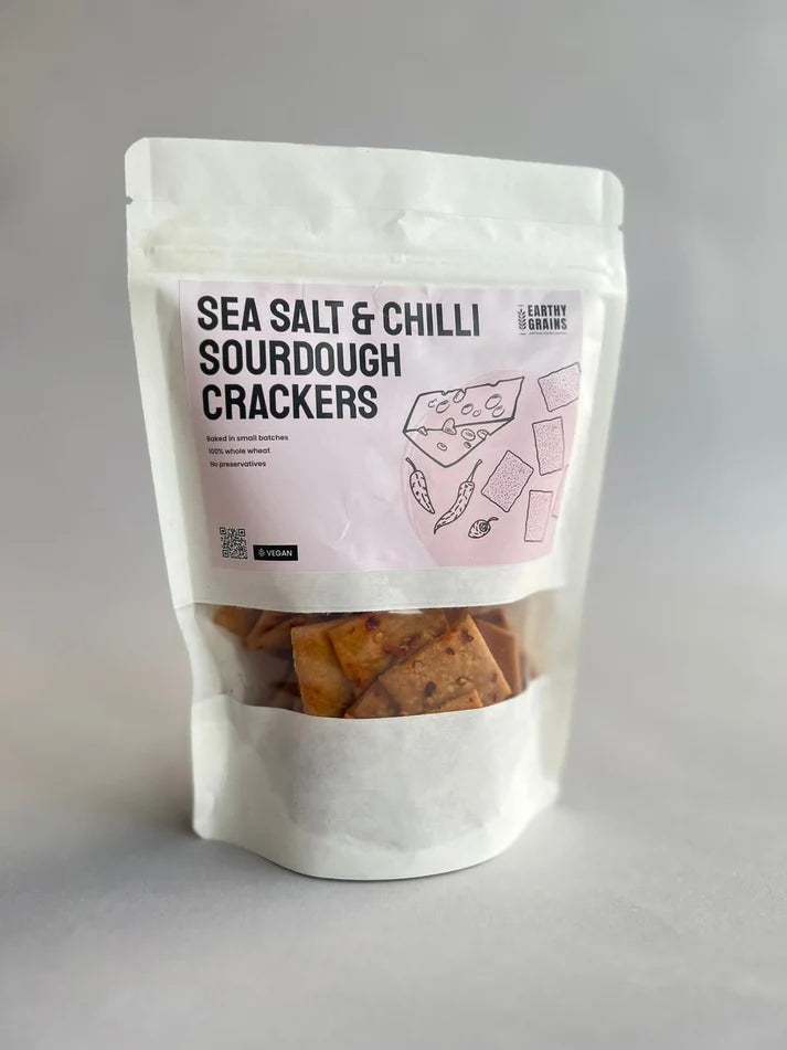 Crackers | Sea Salt &amp; Chilli Sourdough Crackers -100% Whole Wheat - Natural ingredients  -No preservatives - Earthy Grains - 100gm