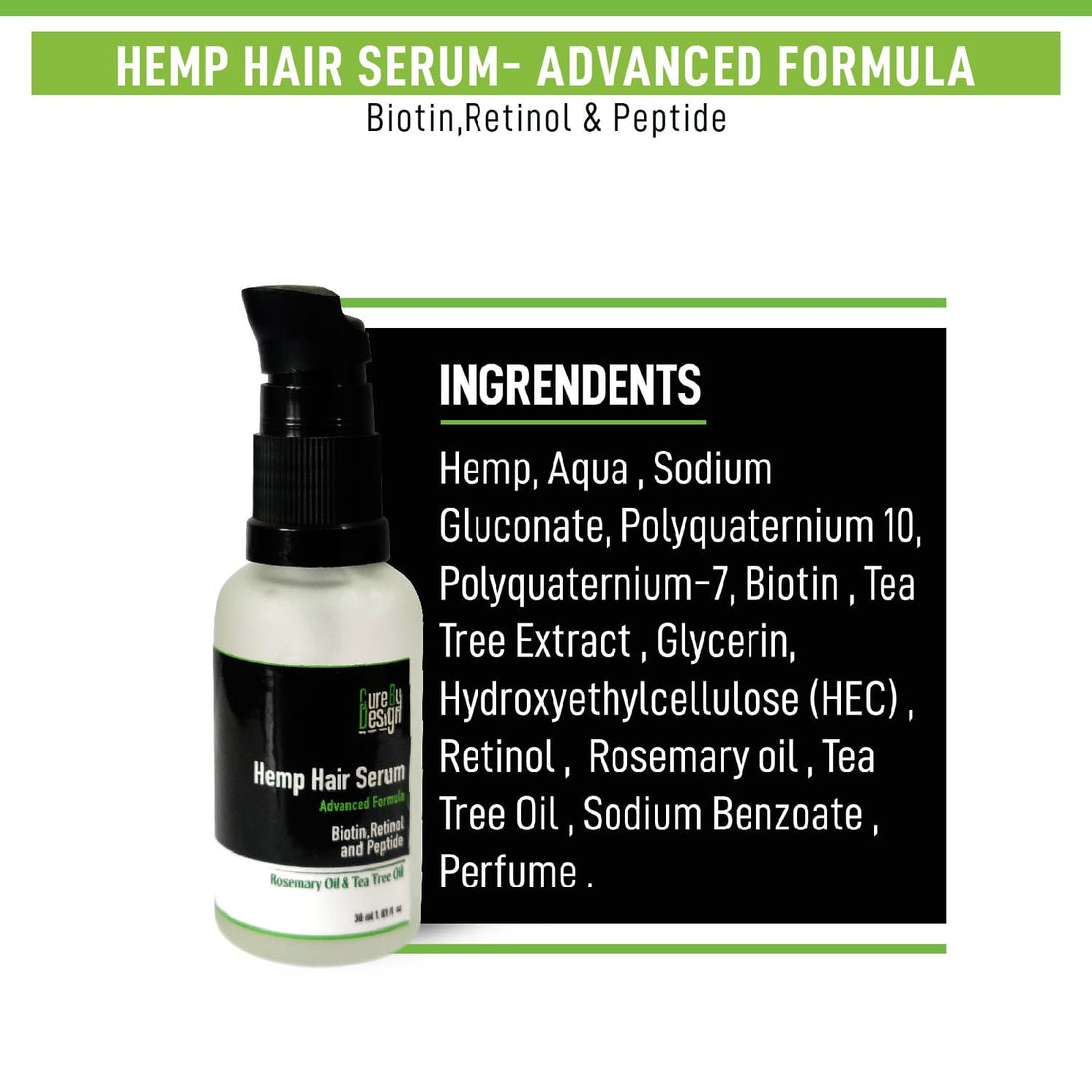 Hair Serum | Hemp Hair Serum (Rosemary Oil &amp; Tea Tree Oil) - Advanced Formula - Biotin, Retinol And Peptide - Advanced Formula To Revive And Nourish Hair - Moisturizes hair And Boosts Natural Shine - Cure By Design - 30ml