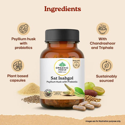 Sat Isabgol (Psyllium Husk with Probiotic) -Supports healthy gut microbiome ,Improve Digestion -No Artificial Additives- Organic Wellness - 60 Vegetarian Capsules