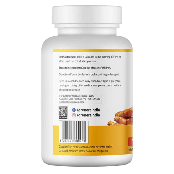 Curcumin With Piperine  Capsules | Nutraceutical - Vegan, Gluten Free, Non Gmo, Preservatives Free &amp;amp; No Additives - Grenera – 90 Capsules